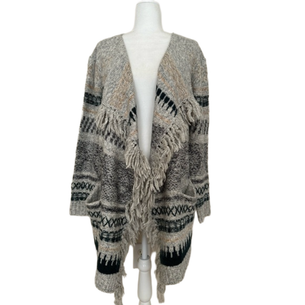 CAbi 3701 Shetland Long Open Front Fringed Sweater with Pockets